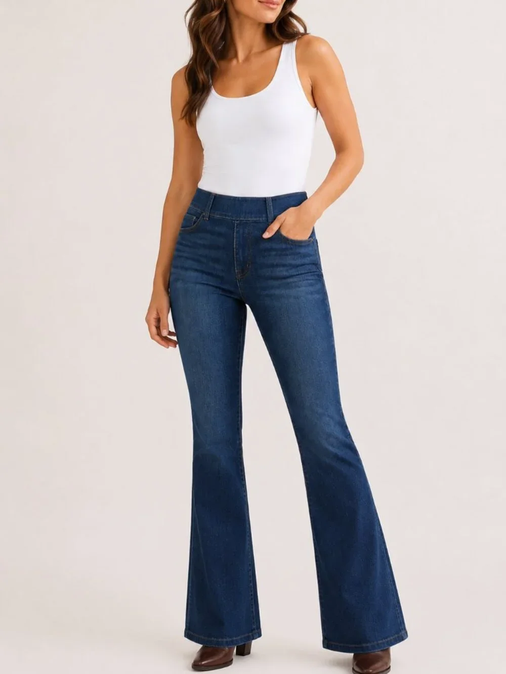 SPANX Flare Jeans Large 20327R Midnight Shade Pull On Shaping Denim - Picture 1 of 5